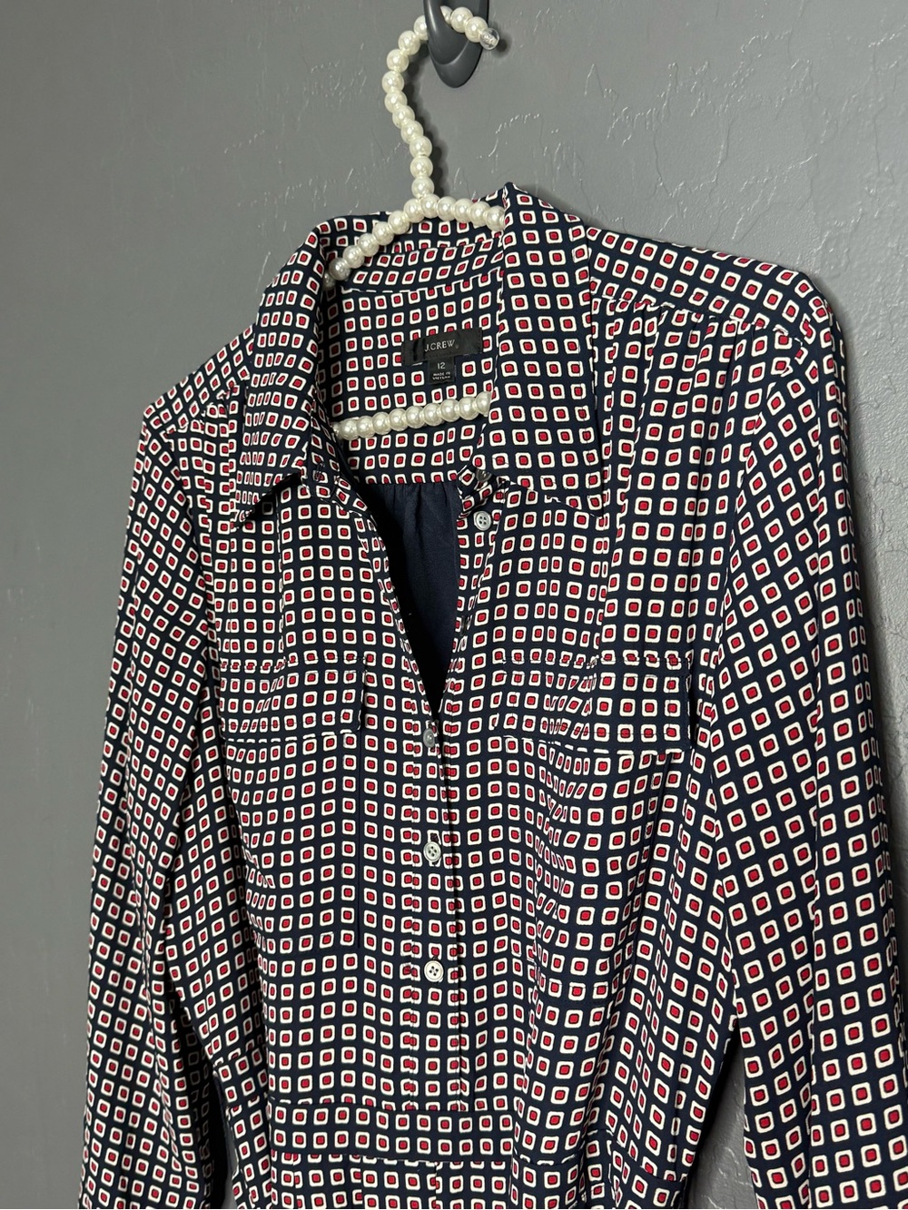 J. Crew Navy Red and White Printed Long-Sleeve Dress